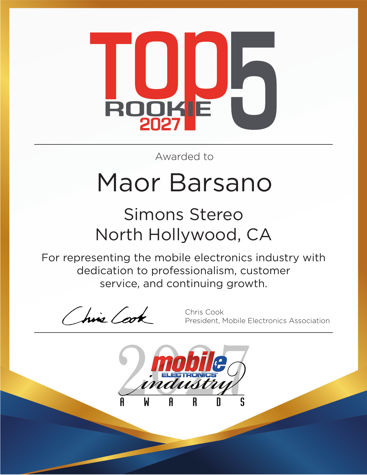 MEA Top 5 Rookie of the Year 2027 certificate awarded to Maor Barsano